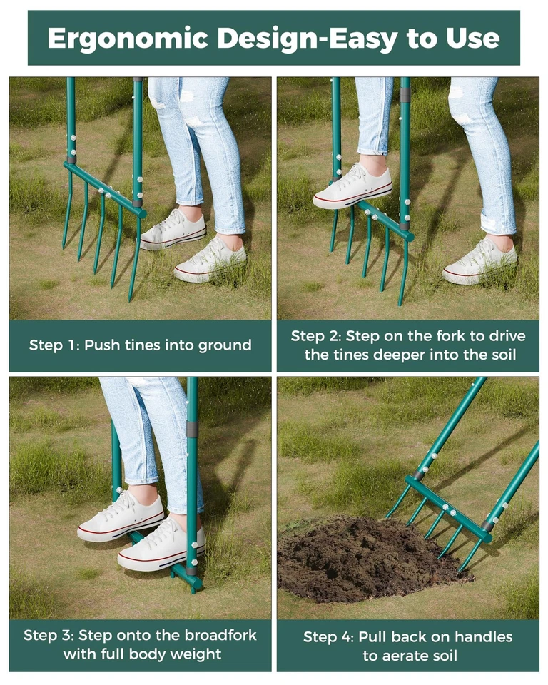 Herramienta de jardín Broadfork, horquilla de paso 5 dientes cultivador manual, tenedor de jardín con Ergon... Foto 3 de 4