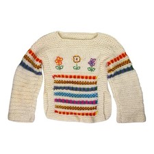 Vintage Girls Hand Knit Rainbow Flowers Pullover Sweater Homemade Est. 10/12 