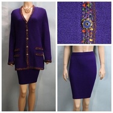 St John Collection Royal Purple Jacket Skirt L Sz 10 12 2pc Suit Multicolor Trim