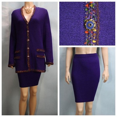 St John Collection Royal Purple Jacket Skirt L Sz 10 12 2pc Suit Multicolor Trim