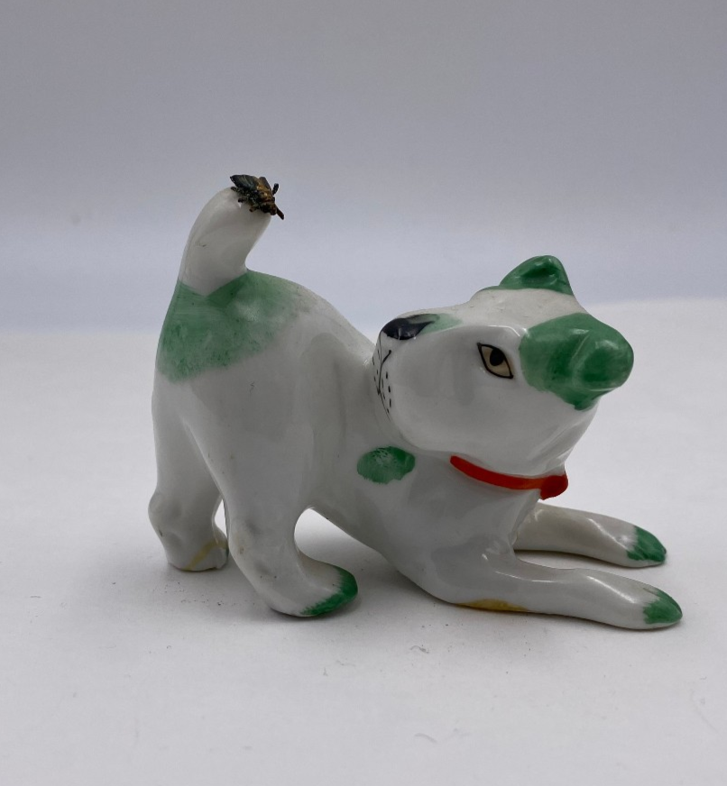 Vintage Ceramic White and Green Terrier Dog w/ Fly on His Tail