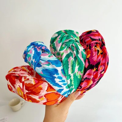 Satin Tie Dye Flower Knot Hairband Wide Headband Women Girls Hair Accessories
