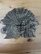 VINTAGE NATIVE AMERICAN INDIAN WITH FULL FEATHER HEADDRESS BRASS BELT BUCKLE