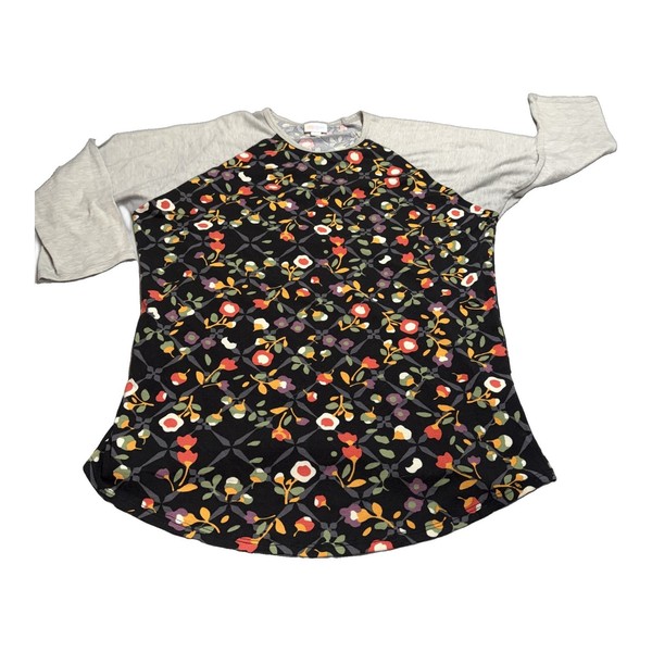 LuLaRoe Randy Raglan Baseball Tee Womens Large Black Floral Gray Sleeve Top
