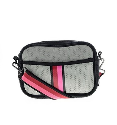 Haute Shore Drew Roma neoprene crossbody bag beige, red/pink stripe and  strap