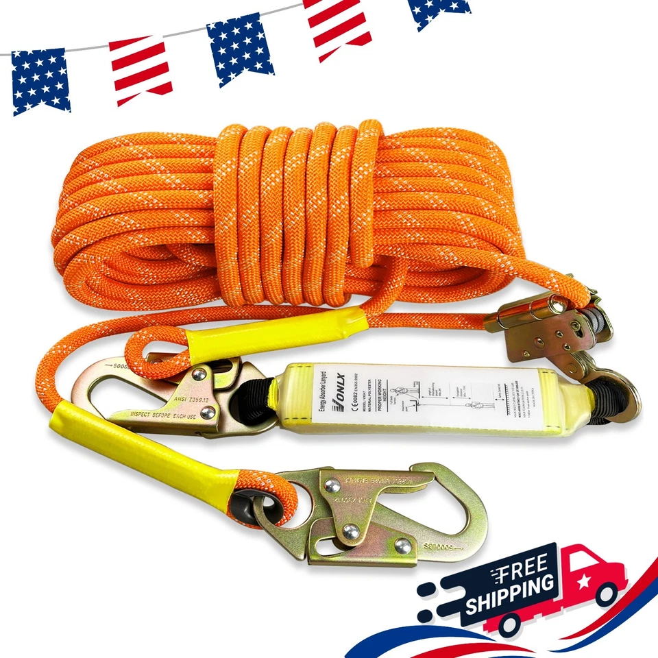 YIYITOOLS Vertical 50FT Safety Rope with Alloy Steel Grab Snap Hooks Shock Absorber
