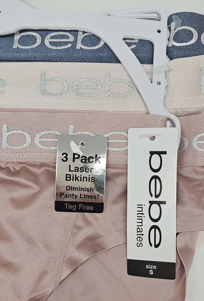 BEBE Women's S M L 3 Pack Logo Waistband Satin Laser Bikini Gray Beige Ivory - Image 4 of 4