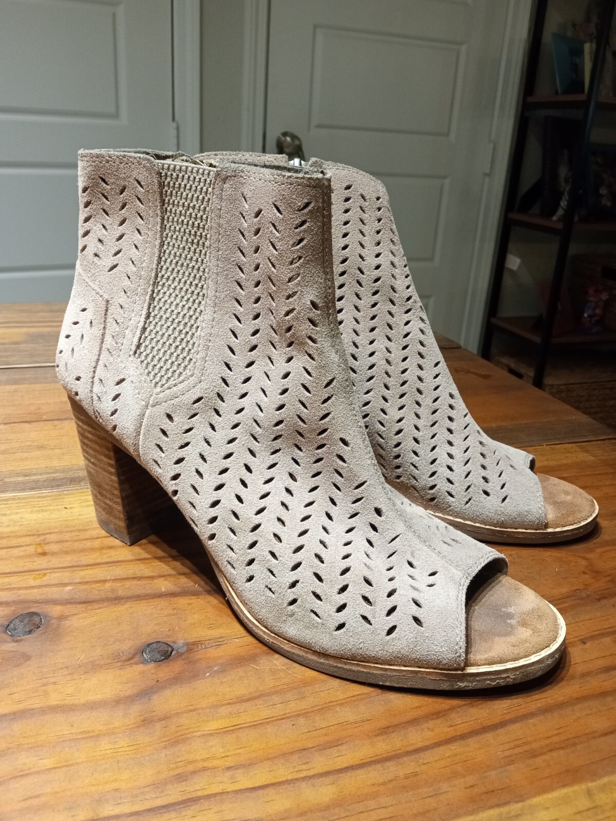 TOMS Majorca Peep Toe Booties Desert Taupe Suede Perforated Ankle