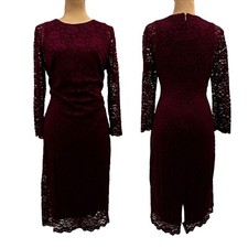 Lauren Ralph Lauren Lace 3/4 Sleeve Sheath Dress Gathered Waist Burgundy US 10