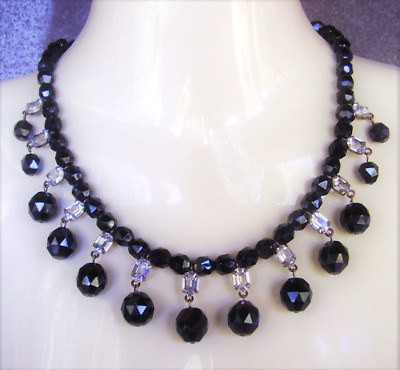 Collier En Jais à Facettes Et Strass - Bijou Vintage Fin XIXe Siècle - Occasion