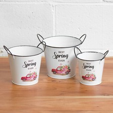 Set of 3 Vintage 'Best Spring Ever' Metal Plant Pot Covers Planters Garden Decor