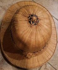 Vintage hand woven bamboo straw helmet safari hat travel estate find