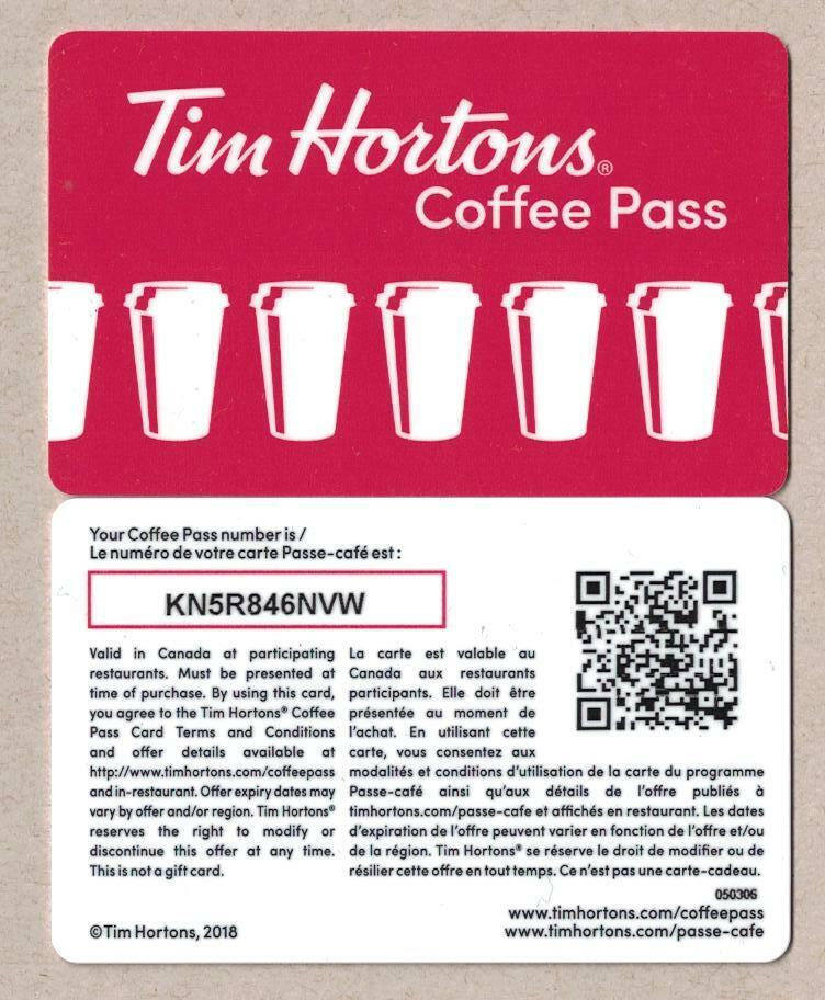 Tim Hortons 2018 COFFEE PASS Card