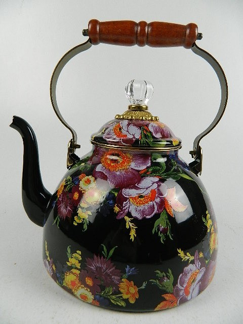 Mackenzie Childs Black Flower Market Enamel Tea Pot Kettle BEAUTIFUL