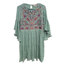 UMGEE Womens Dress Medium Green Floral Embroidered Boho Hippie Festival Flowy