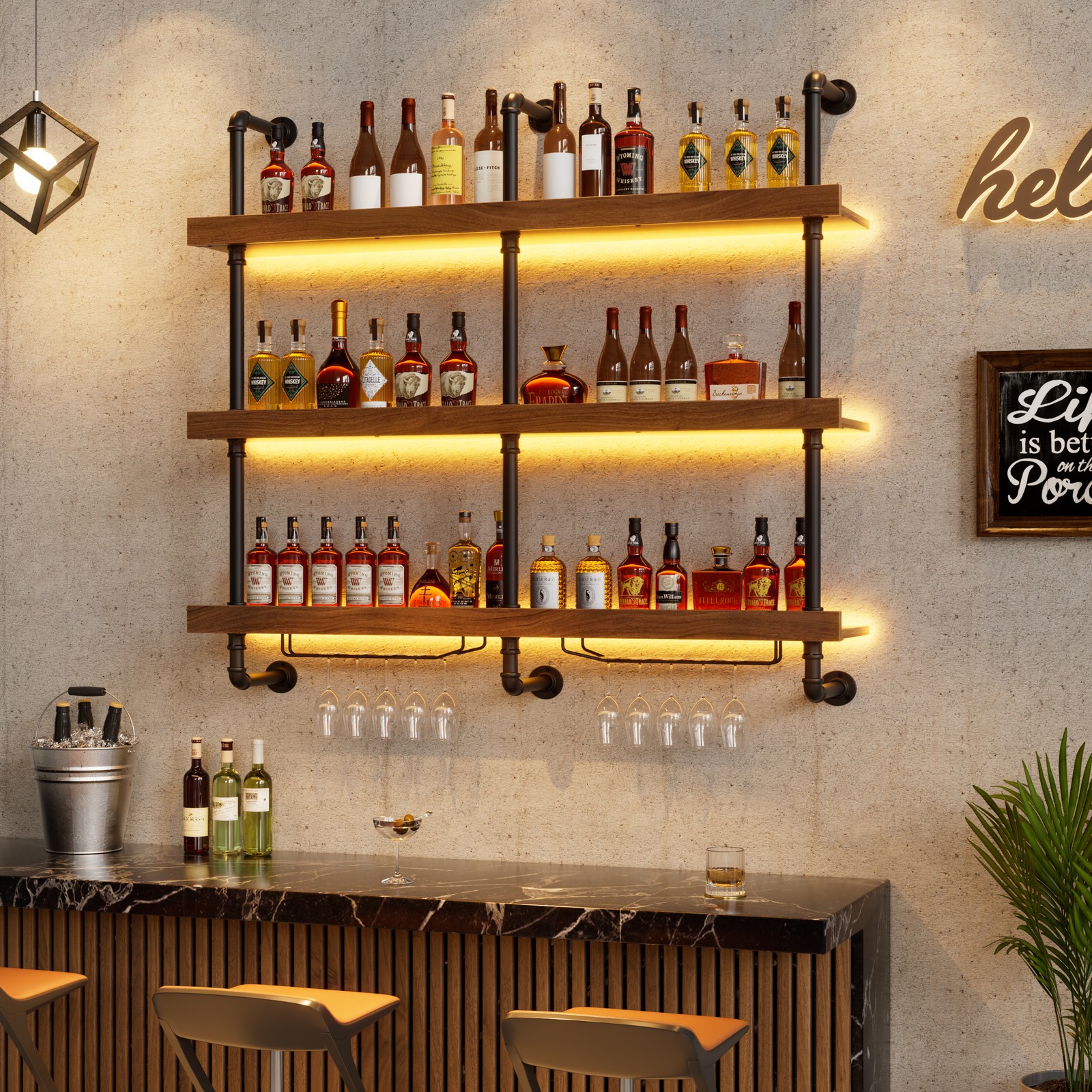 Wand-Weinregal Mit LED-Beleuchtung,Flaschenregal,Weinflaschenhalter,3-stufiges