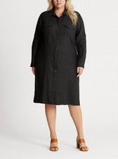 RALPH LAUREN Black Linen Roll-Tab Sleeve Pocket Button-Up Shirt-Dress 20W = 2X