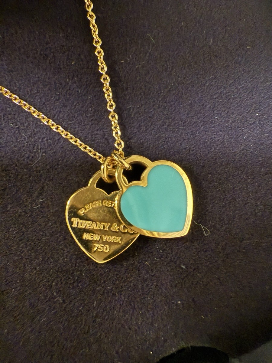 Tiffany Co 18K Gold RTT Double Blue Enamel Heart Chain Necklace 16