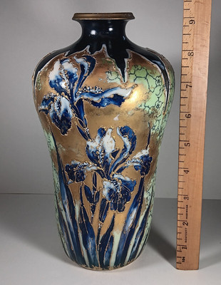 Art Nouveau Amphora Vase w/ Blue Iris Turn Teplitz Bohemia RSTK Austria, Irises