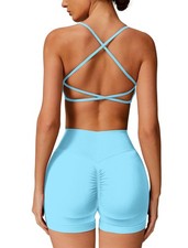 Womens Seamless Workout Sets Strappy Sports Bra Scrunch Butt High Waist Gym S...