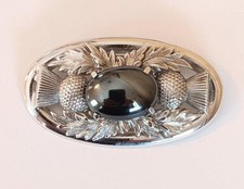 Large Vintage Scottish Thistle Brooch Pin Silvertone Faux Hematite