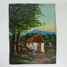 Vilaire Original Painting Haiti Village Peple Farmers Haitian 15" x 12" Canvas