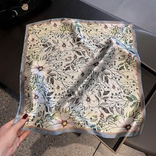 100 Silk 21" Square Scarf Women Neckerchief Wrap Kerchief Bandana White Flowers