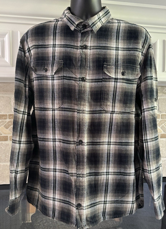 Mountain and Isles Plaid Shirt Large Black Brown White Green Roll Tab Sleeves