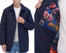 ROBERT GRAHAM Men sz. M Button Front Lined Lightly Padded Car Coat NAVY $275 NEW