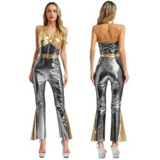 Women Shiny Metallic Disco Outfit 70s 80s V Neck Flared Jumpsuit Halloween Party