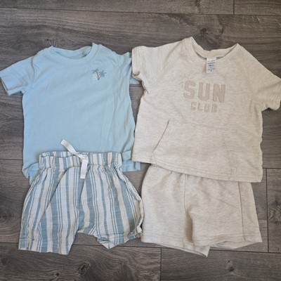 Carter s 18M 4pc Aqua & Oatmeal Tee/Shorts Sets | Toddler Summer Play Outfits 