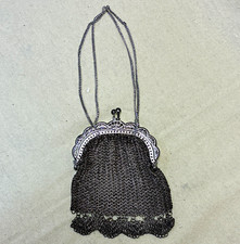 Vintage Silver Metal Mesh Coin Purse Frame w/ Chain Strap 100 years old