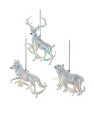 KURT ADLER SET OF 3 OPALESCENT ANIMAL XMAS ORNAMENTS-WOLF,POLAR BEAR,DEER E0939