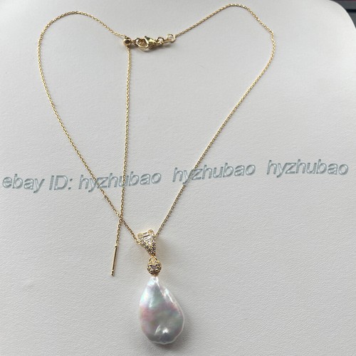 Natural South Sea White Flat Baroque Keshi Pearl Pendant Gold Chain Necklace AAA - Picture 25 of 30