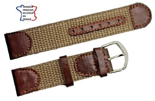 Bracelet Montre 14mm Tissu Vert Tressé Et Cuir Marron Surpiqué - Fabrication Artisanale, Neuf Sans étiquette