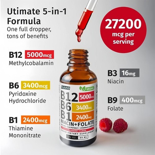 Nusava Vitamin B12 B6 Liquid Drops, B12 Sublingual B Complex - B12 5000mcg 60 ml - Picture 2 of 11