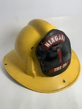 Vintage NIAGARA FIRE CO Yellow MSA Cairns Firefighter Helmet w/ Leather Patch