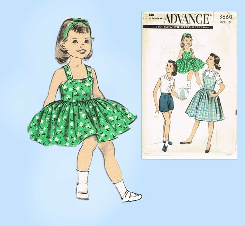 1950s Vintage Advance Sewing Pattern 8660 Uncut Girls Shirt Shorts Jumper Sz 10 - Picture 2 of 6