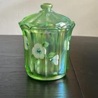 FCG06- FENTON COVERED CANDY JAR GREEN APPLE WITH FLOWERS SIGNED K. RILEY