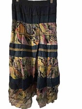Vintage Boho 80s PRETTY BLEUS Retro Denim Floral Gypsy Flowing Long Skirt Sz L