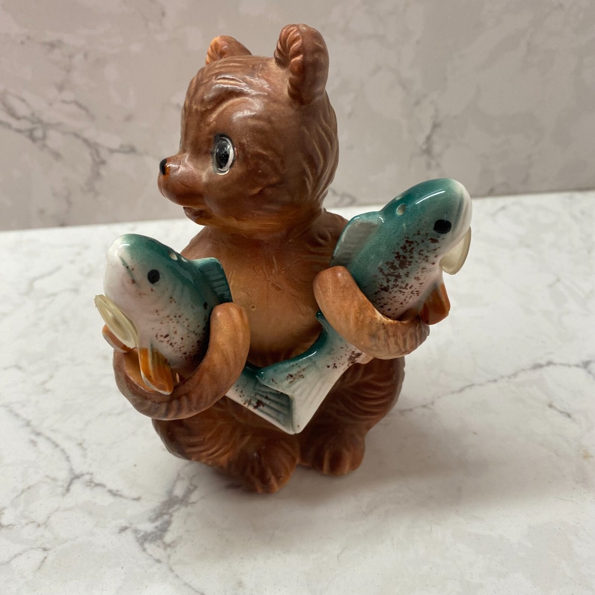 Vintage Norcrest Ceramic Brown Bear Holding Salmon Fish Salt