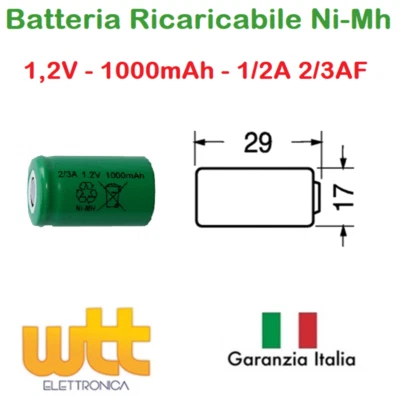 EXTRACELL Batteria Ricaricabile NI-MH 2/3AF 2/3A 1/2A 1,2V 1000mAh 29x17mm con poli
