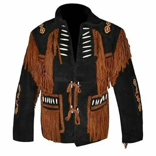 New Handmad Men Suede Western Style Cowboy Leather Jacket Fringe & Bead Work