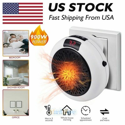 900W Plug In Wall Electric Heater Mini US Portable Office Fan Led Timer  u0026amp; Speed | eBay