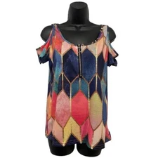 Women’s Multicolor Geometric Window Pane Pattern Short Sleeve Top Size Small