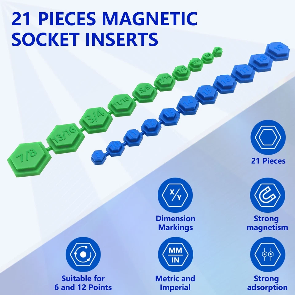 21pcs Magnetic Socket Inserts Tool Set SAE and Metric Sets 8-19mm & 5/16"-7/8" - Image 2 of 4