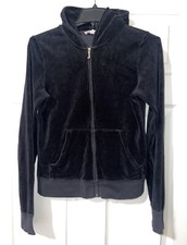VTG Juicy Couture Large Black Velour Track Full Zip Jacket Hoodie Made in USA