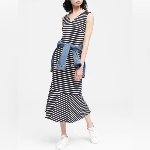 NWT Banana Republic Navy Stripe Ponte Flounce Midi Sleeveless Dress Size 14 - Picture 3 of 12
