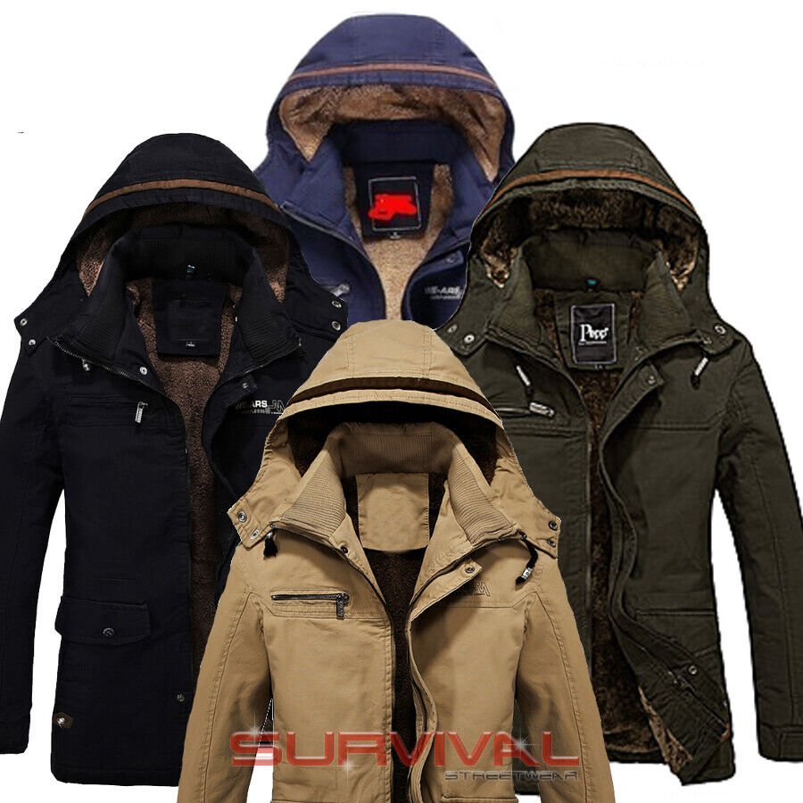 Mens Jacket Cotton Heavy Duty Fleece Lined Winter Coat Detachable Hood XS S  M L