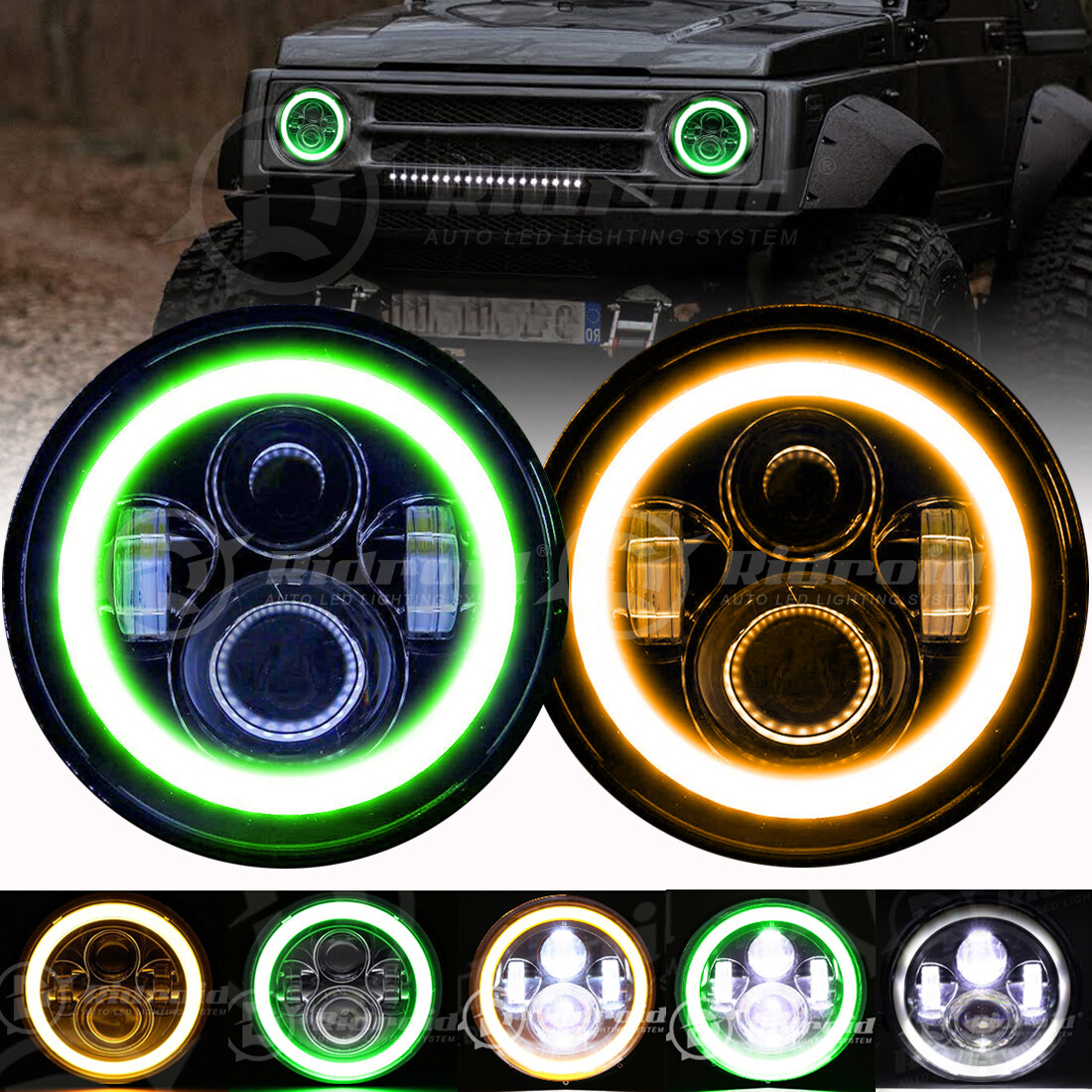 7inch LED Headlights Green/Amber Halo Angel Eyes For Suzuki